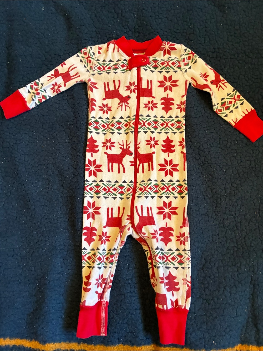 Hanna Andersson Red & Cream Reindeer Zip One-Piece Footie
